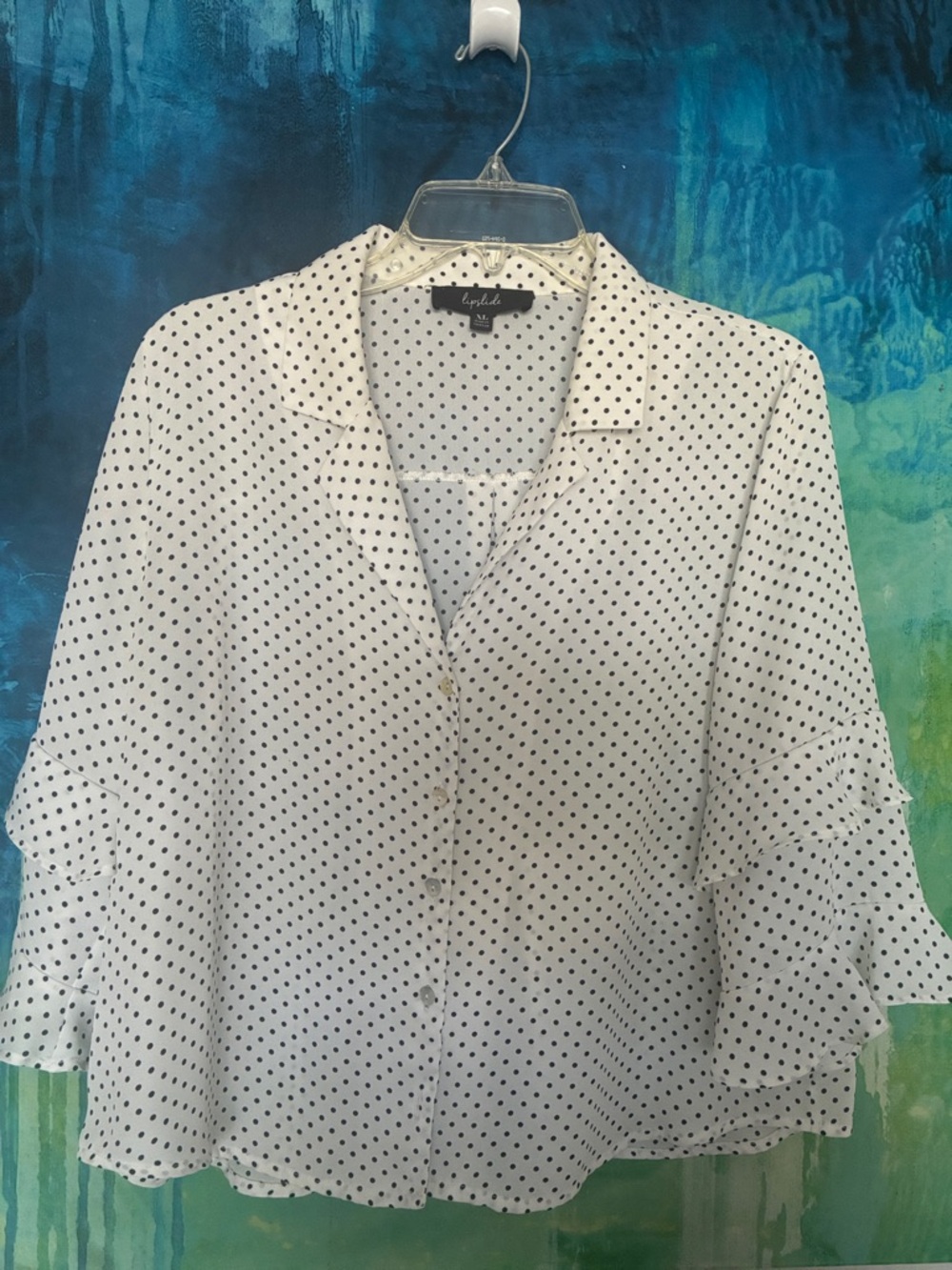 Lipslide White and Black Polka Dot Button-Down Blouse 3/4 Ruffled Sleeve Size Xl